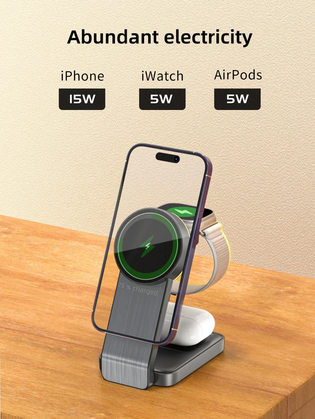 New 15W Aluminium Detachable Desktop 3 in 1 Magnetic Wireless Charger